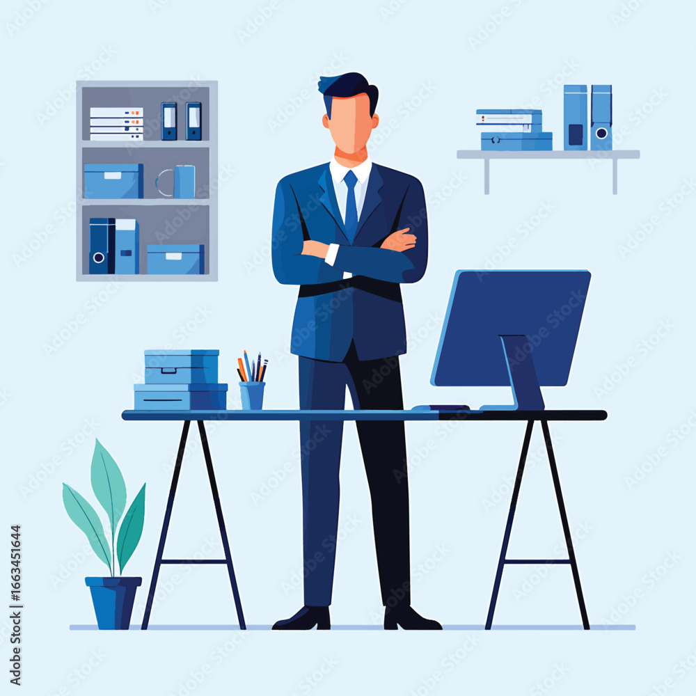 Poster flat vector illustration of a corporate team collaborating on a project, analyzing data charts and g