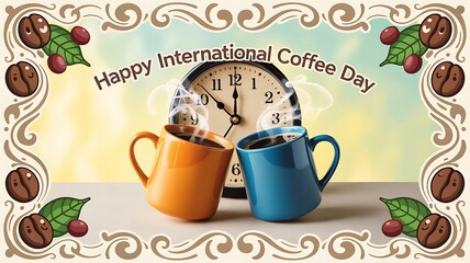 Two steaming mugs with a clock and happy international coffee day message art