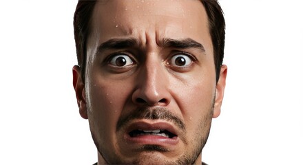 Fototapeta premium The intense and dramatic facial expression of a man filled with fear, shock, and disgust, isolated on a white studio background