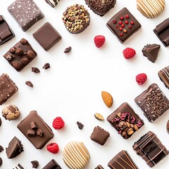 Assorted chocolates arranged in a circle frame on white background