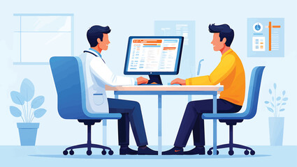 Vector illustration of online education with a person learning fundamentals on a digital tablet, surrounded by alphabet blocks