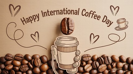 International coffee day celebration with beans and hand drawn coffee cup art