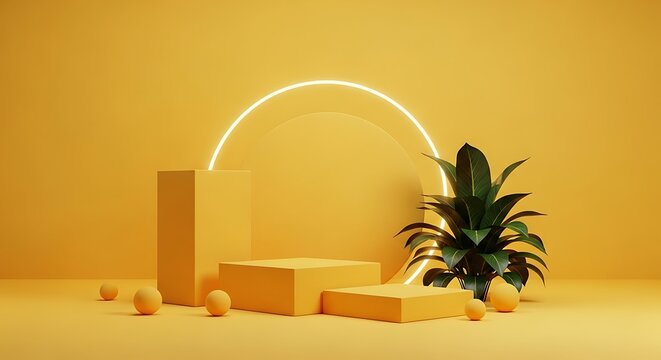 Yellow abstract scene with neon arch and tropical plant