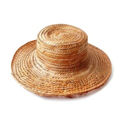 Light beige straw sun hat with a round crown and a wide brim