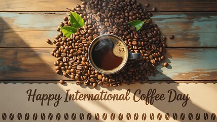 A cup of coffee surrounded by coffee beans on a wooden surface for coffee day