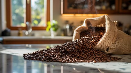 Coffee beans spilling from a burlap sack on a marble countertop near a window