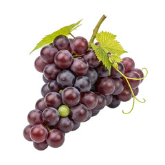 Fototapeta premium Fresh ripe purple grapes cluster with green leaves isolated for healthy eating transparent background