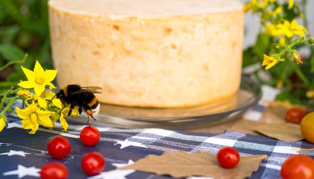 A bee hovers near a pale yellow cake, surrounded by vibrant yellow flowers and fresh red berries on a checkered tablecloth. - Powered by Adobe