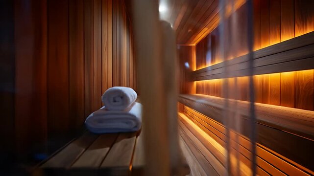A luxuriously appointed wooden sauna, highlighted by warm, ambient lighting, showcases a tranquil and relaxing atmosphere.