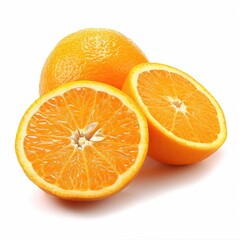 Three fresh oranges, two whole and one halved, displayed against a white background