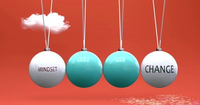 Mindset leads to change. Cause and effect relation between mindset and change. A Newton cradle metaphor in which mindset ignites change, sets it in motion.Can be looped.