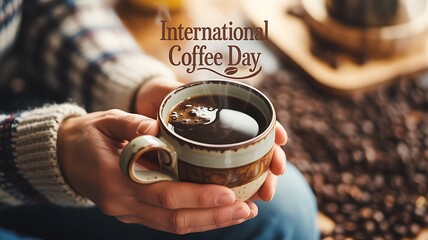 Person holding a mug of coffee with international coffee day text overlayed on top