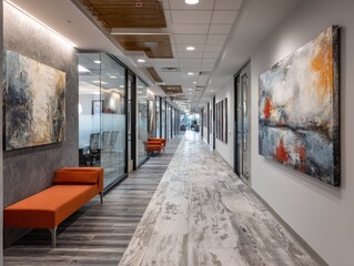Fototapeta premium Modern office hallway with art and seating