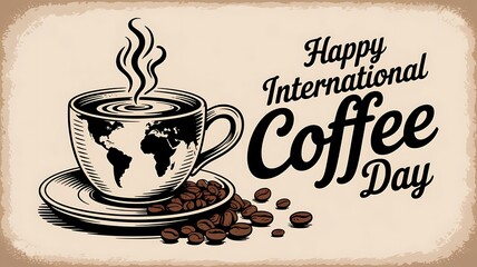 Illustration for international coffee day with a world map on a coffee cup