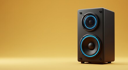 high performance black speaker with blue led lighting, showcasing powerful woofer and premium tweeter for immersive sound, modern design in prismatic style under golden hour