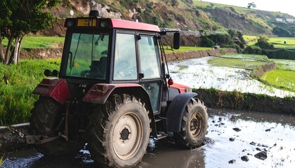 Tractor in Rice Paddy Field