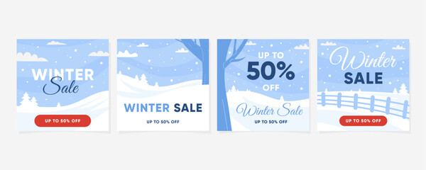 Square Winter sale background set with snowy landscape. Vector illustration for banners, promotions, social media