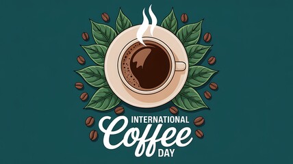 A cup of coffee surrounded by leaves and coffee beans for international coffee day