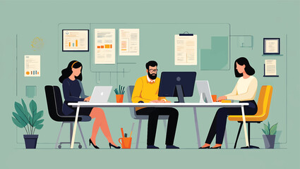 Vector illustration of a man and woman working as colleagues on laptops at a shared desk in a modern, bright office environment