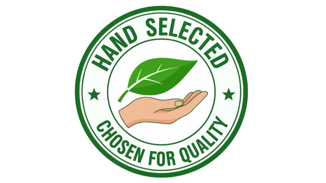 Hand Selected Quality Assurance Logo with Leaf Icon for Organic Product Certification