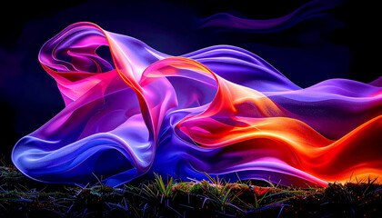 Obraz premium Futuristic abstract illustration of light trails resembling neural connections flowing through a natural landscape with trees and grass, water, harmony between artificial intelligence and nature