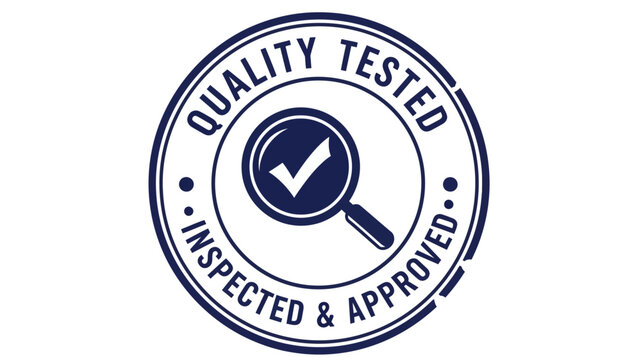 Quality Tested Inspected & Approved Icon with Checkmark and Magnifying Glass