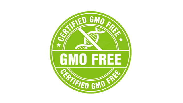 Green GMO Free Certified Label with Crossed DNA Strand Icon
