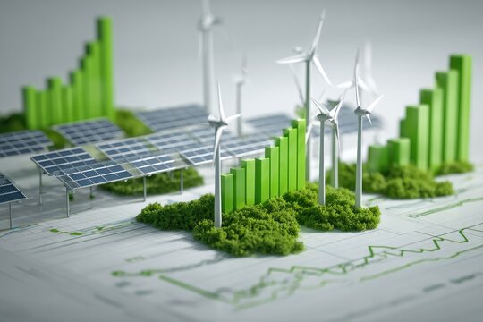 Sustainable energy investment. Green graphs, solar panels, and wind turbines on a grassy knoll