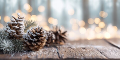 The snowy pinecones beautifully accentuating a cozy winter ambiance with bokeh lights.