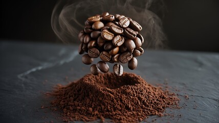 A heap of coffee beans suspended above a pile of ground coffee with steam rising up