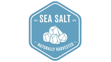 Vintage emblem design for natural sea salt products. A minimalist blue and white hexagonal badge with mineral crystals for organic food branding