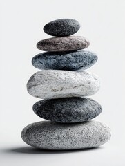 Stacked stones, various shades of gray and white, balanced in a precise, vertical arrangement
