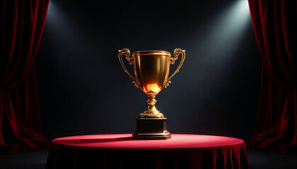 Golden trophy on red velvet table with spotlight and dark background