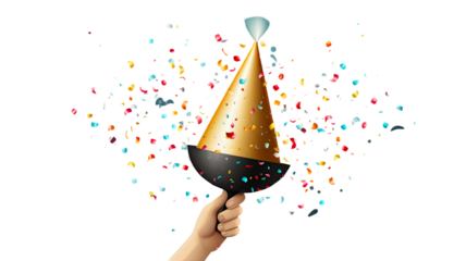 Hands holding colorful party hat and balloon with festive celebration vibes on white background