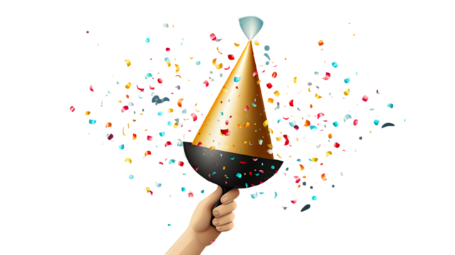 Hands holding colorful party hat and balloon with festive celebration vibes on white background