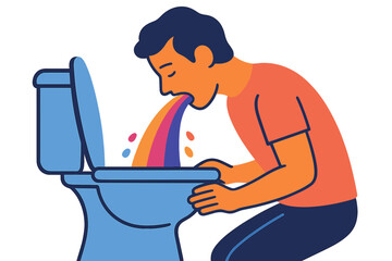 Man vomiting into toilet with colorful rainbow effect person vomiting in toilet
