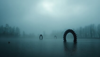 Foggy Lake With Floating Gears In Pixelated Style