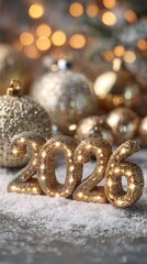 New Year 2026 Celebration with Gold Ornaments and Lights