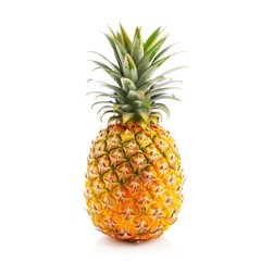 Single ripe pineapple, bright yellow skin,  green crown, isolated white background