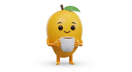Obraz premium Cartoon mango character with coffee cup