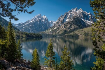 Scenic alpine lake with snow-capped mountains