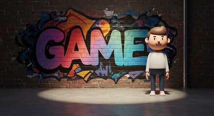 subject on the right standing next to a vibrant graffiti art decorated brick wall with the word game written on it, a spotlight illuminates the scene, creating a shimmering effect