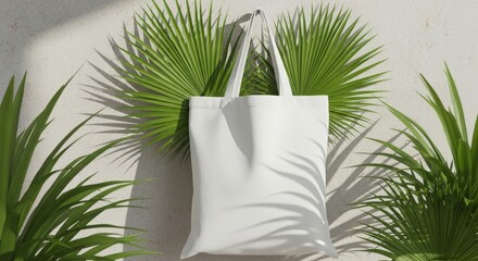 White Cotton Tote Bag Mockup with Palm Leaves on Textured Wall