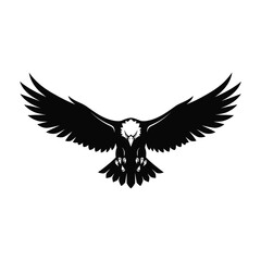 Obraz premium Vector art of a black and white silhouette of an eagle with wings spread wide, flying powerfully, isolated on a