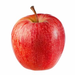 A single, whole, red apple, displaying vibrant streaks and hues, is presented against a plain white background.  A stem is attached at the top