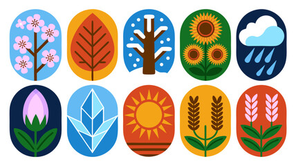 Graphic illustrations of seasonal elements in oval shapes depicting the year