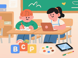 Two children studying in classroom with laptop and writing on paper art