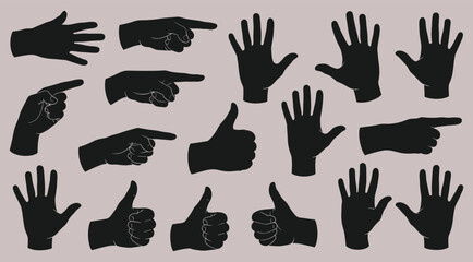 Collection of black hand gestures and open palms silhouettes on a neutral background pointing