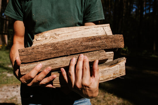 Lumberjack carrying firewood in forest: sustainable forestry practices - Powered by Adobe