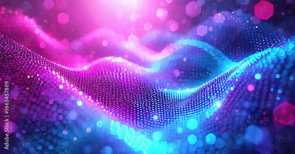 Poster vibrant abstract waves, glowing particles, dynamic light effects. deep blues, purples create futuris